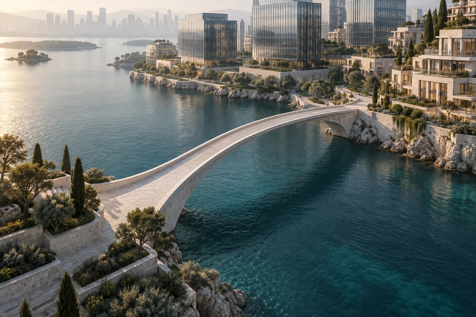 Architectural illustration of a bridge connecting waterfront real estate districts